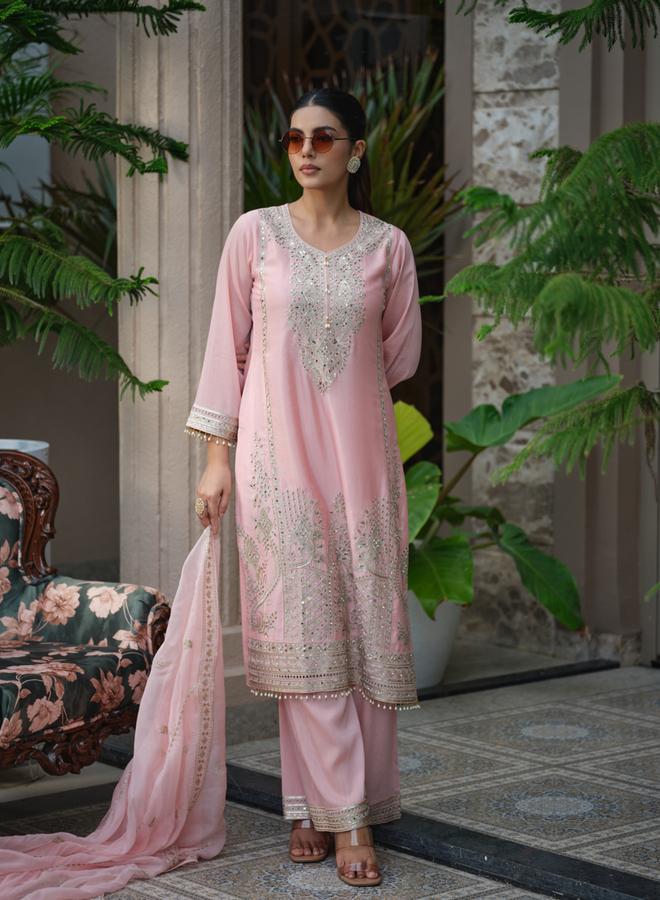 DW Women Floral Embroidered Straight Kurta and Palazzos with Dupatta Set - Image 4